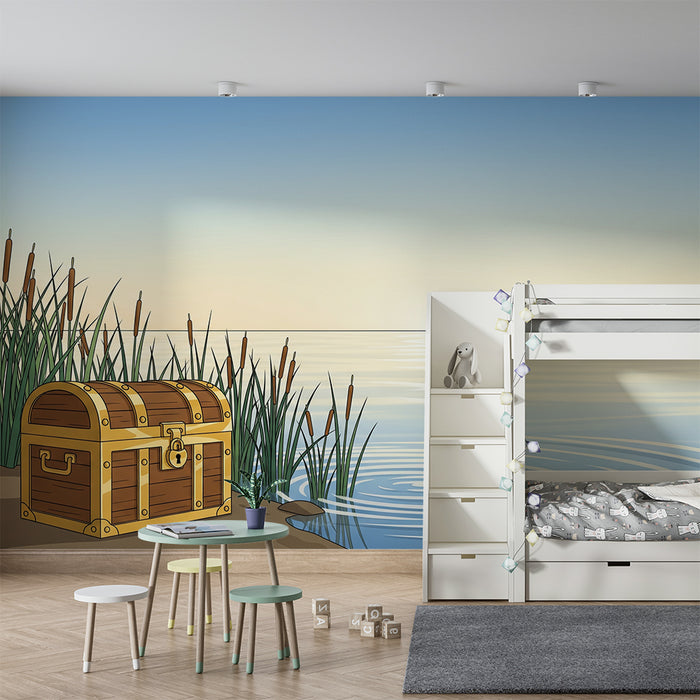 Papel de parede para quarto de criança | Baú do tesouro à beira-mar com ambiente tranquilo