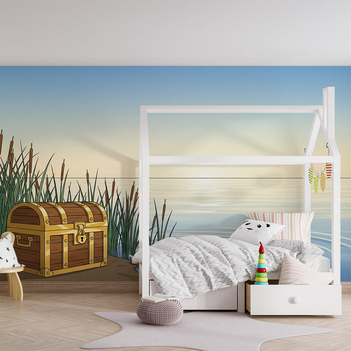 Papel de parede para quarto de criança | Baú do tesouro à beira-mar com ambiente tranquilo