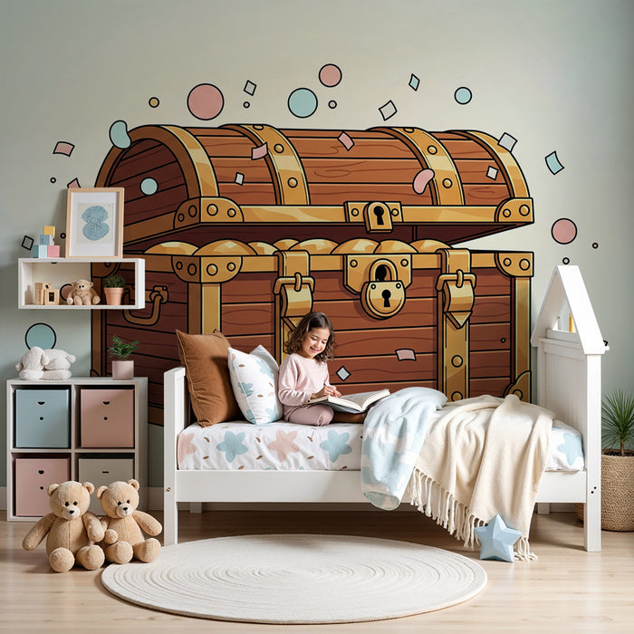 Kinderzimmer-Tapete | Magische Schatztruhe mit bunten Konfetti