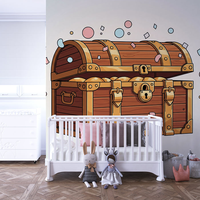 Kinderzimmer-Tapete | Magische Schatztruhe mit bunten Konfetti