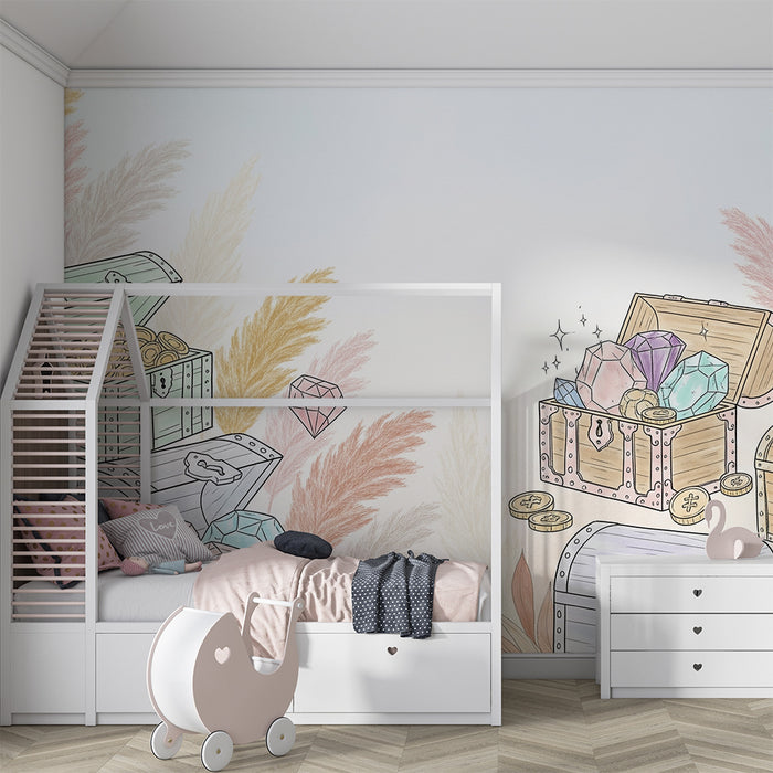 Papel de parede criança | Baús do tesouro e gemas brilhantes num ambiente pastel