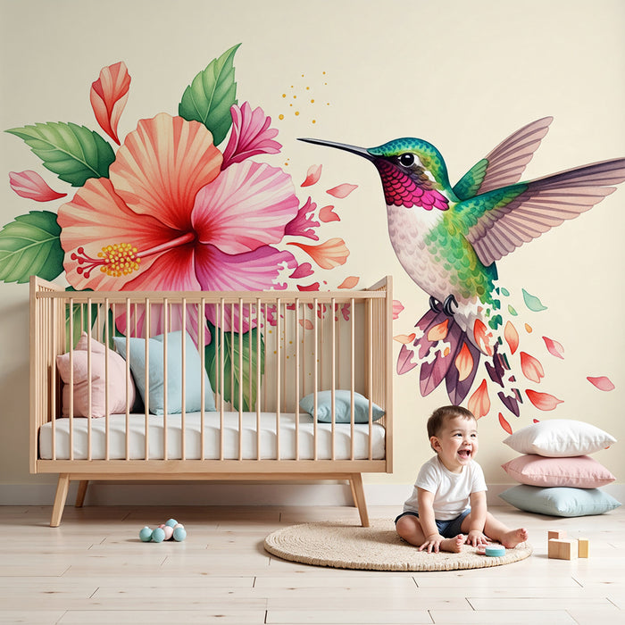 Papier peint chambre enfant | Colibri coloré et fleurs d'hibiscus en pleine éclosion