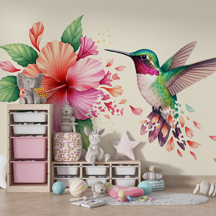 Papier peint chambre enfant | Colibri coloré et fleurs d'hibiscus en pleine éclosion