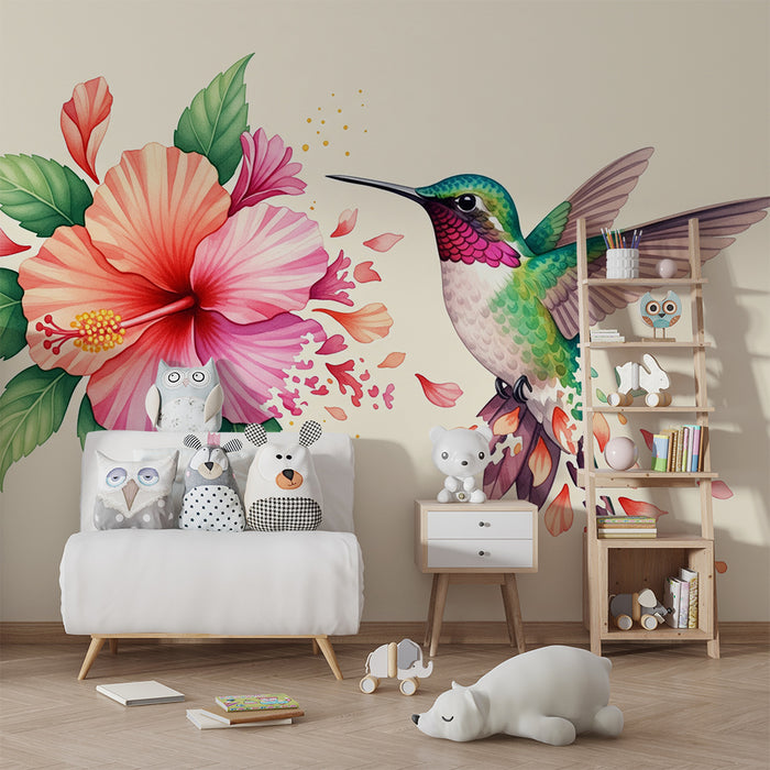 Papier peint chambre enfant | Colibri coloré et fleurs d'hibiscus en pleine éclosion