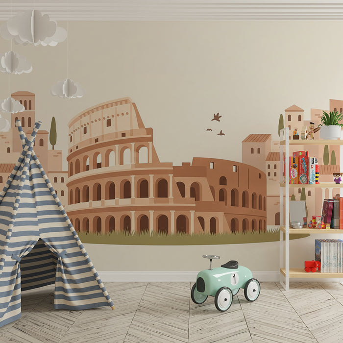 Papier peint chambre enfant | Colisée et architecture italienne en tons doux