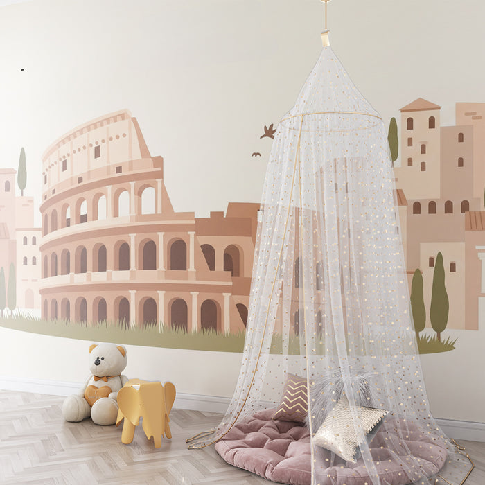 Papier peint chambre enfant | Colisée et architecture italienne en tons doux