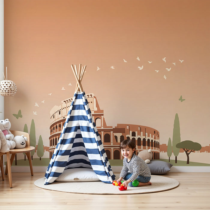 Papier peint chambre enfant | Colisée et paysage urbain en teintes douces