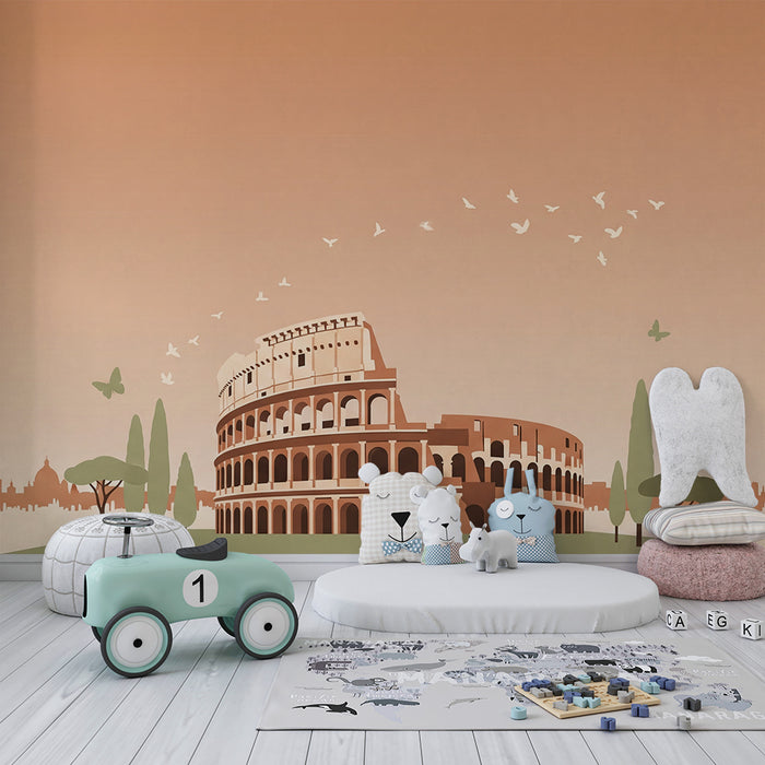 Papier peint chambre enfant | Colisée et paysage urbain en teintes douces