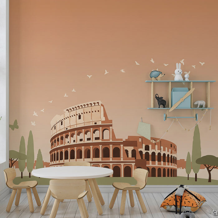 Papier peint chambre enfant | Colisée et paysage urbain en teintes douces