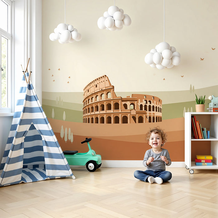 Papel de parede para quarto infantil | Coliseu e paisagens suaves em tons terrosos