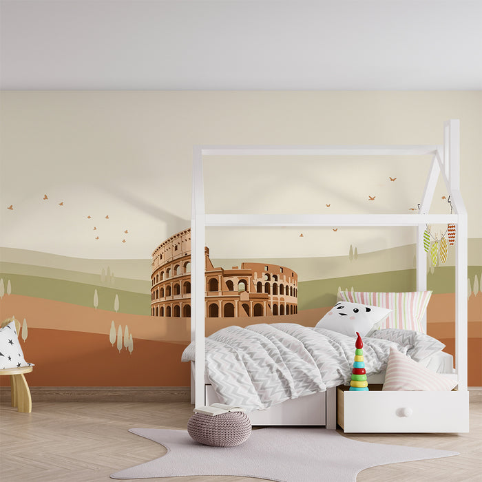 Papel de parede para quarto infantil | Coliseu e paisagens suaves em tons terrosos