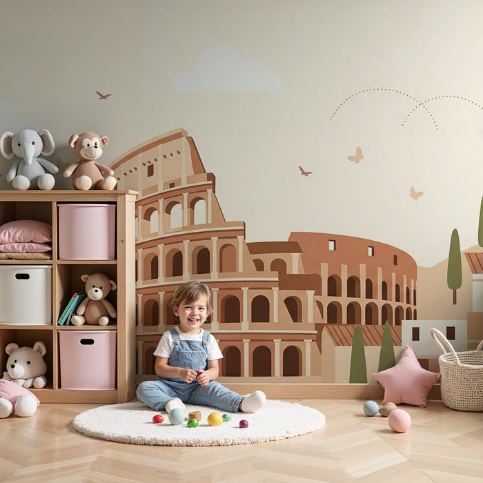 Papier peint chambre enfant | Colisée et paysages italiens en tons doux