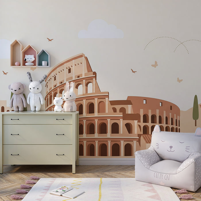 Papier peint chambre enfant | Colisée et paysages italiens en tons doux