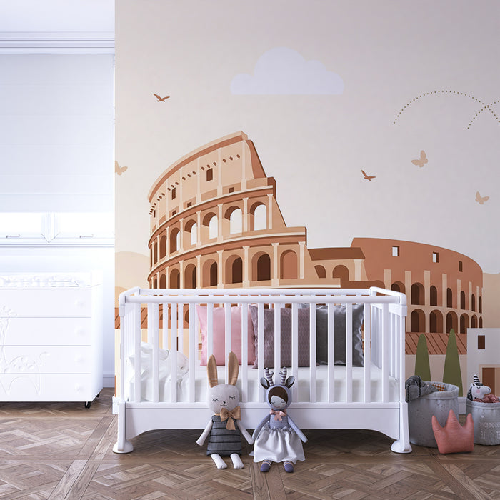 Papier peint chambre enfant | Colisée et paysages italiens en tons doux