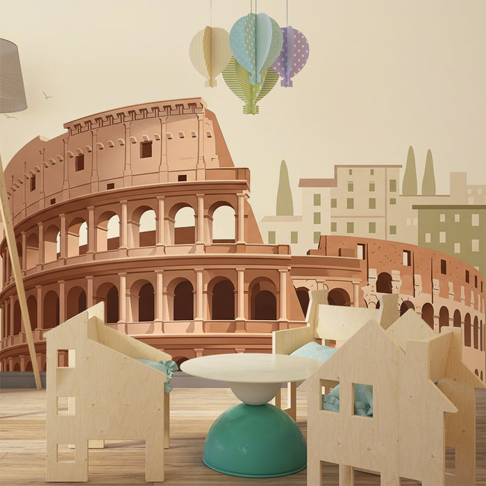 Papier peint chambre enfant | Colisée et paysages urbains doux