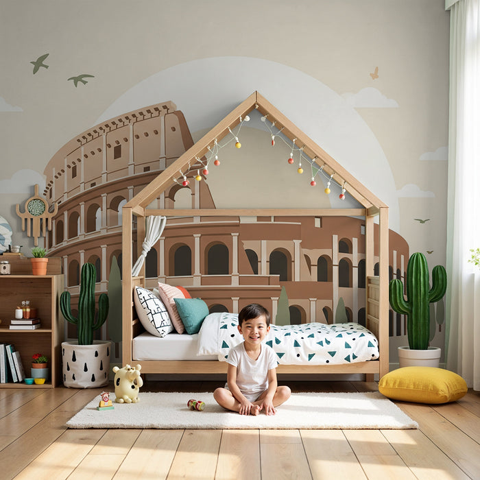 Papel de parede para quarto infantil | Coliseu estilizado com céu suave e natureza tranquila