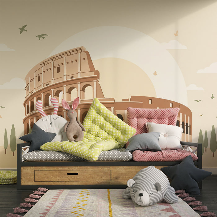 Papel de parede para quarto infantil | Coliseu estilizado com céu suave e natureza tranquila