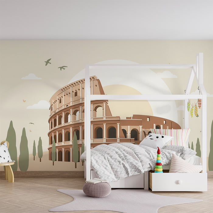 Papel de parede para quarto infantil | Coliseu estilizado com céu suave e natureza tranquila