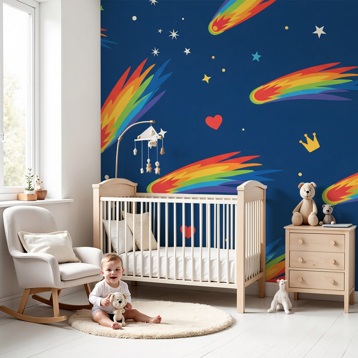 Kids room wallpaper | Colorful comets and stars on a midnight blue background