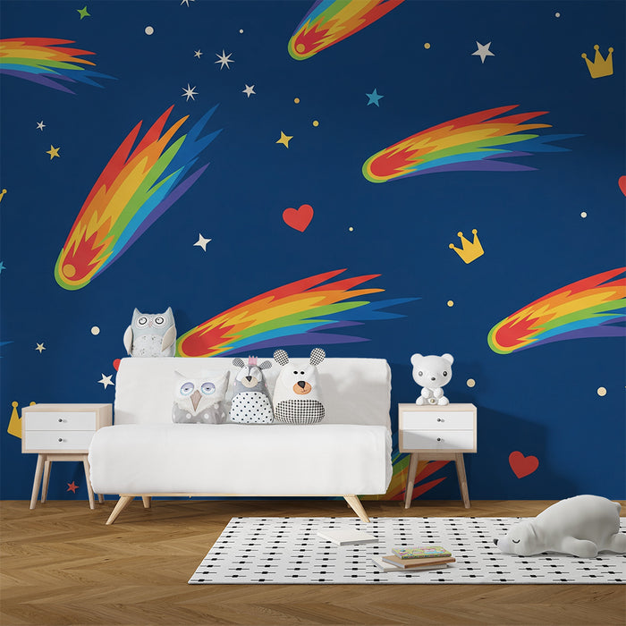 Kids room wallpaper | Colorful comets and stars on a midnight blue background