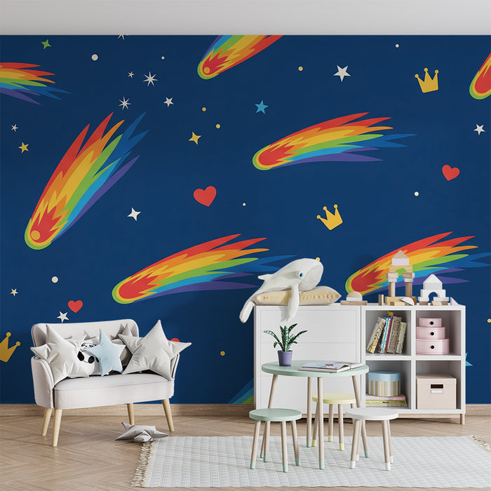 Kids room wallpaper | Colorful comets and stars on a midnight blue background