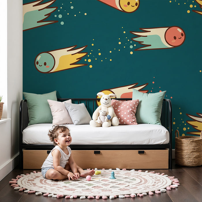 Kids' Room Wallpaper | Smiling Comets in a Starry Sky