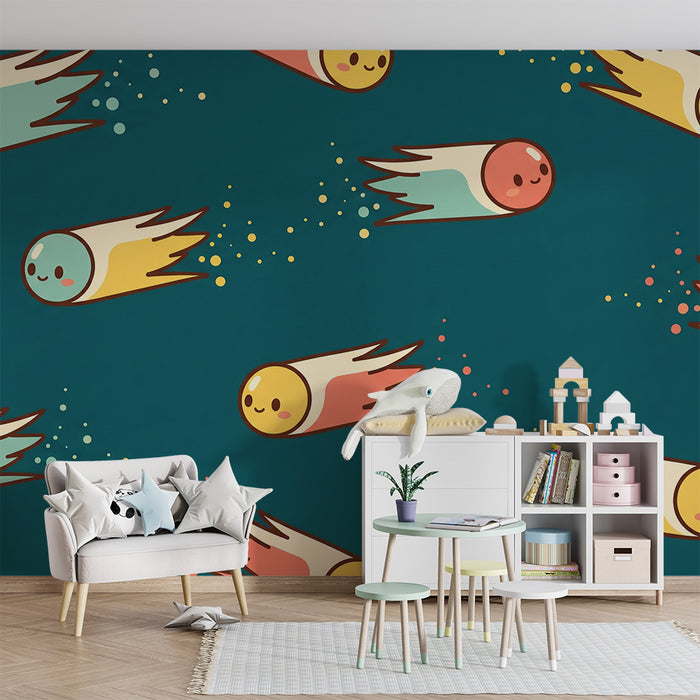 Kids' Room Wallpaper | Smiling Comets in a Starry Sky
