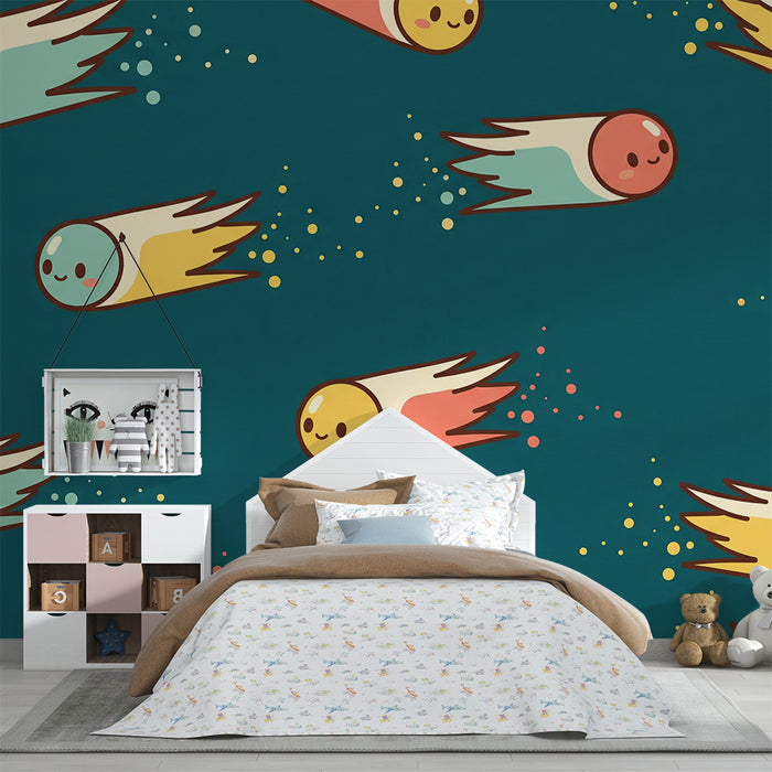 Kids' Room Wallpaper | Smiling Comets in a Starry Sky