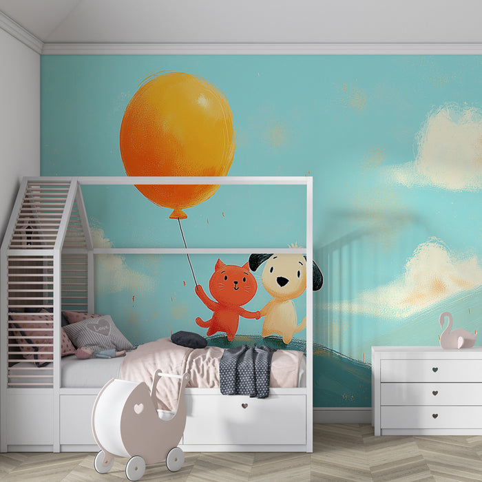 Kinderkamer behang | Compliciteit tussen een kat en een hond onder een vrolijke lucht
