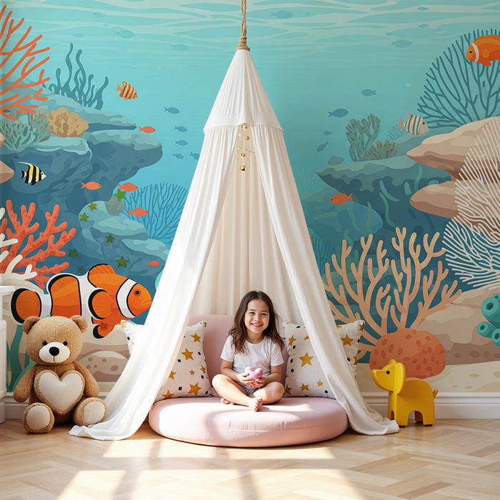 Papel de parede para quarto infantil | Composição subaquática colorida com peixes exóticos e recifes