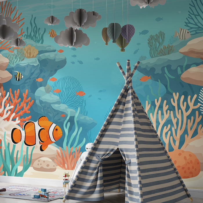 Papel de parede para quarto infantil | Composição subaquática colorida com peixes exóticos e recifes