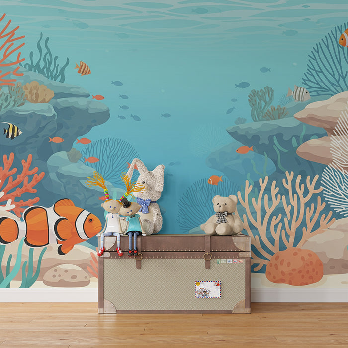 Papel de parede para quarto infantil | Composição subaquática colorida com peixes exóticos e recifes