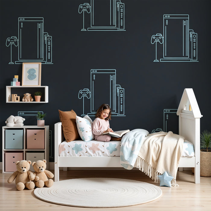 Kids' Room Wallpaper | Game Consoles and Controllers on a Dark Background