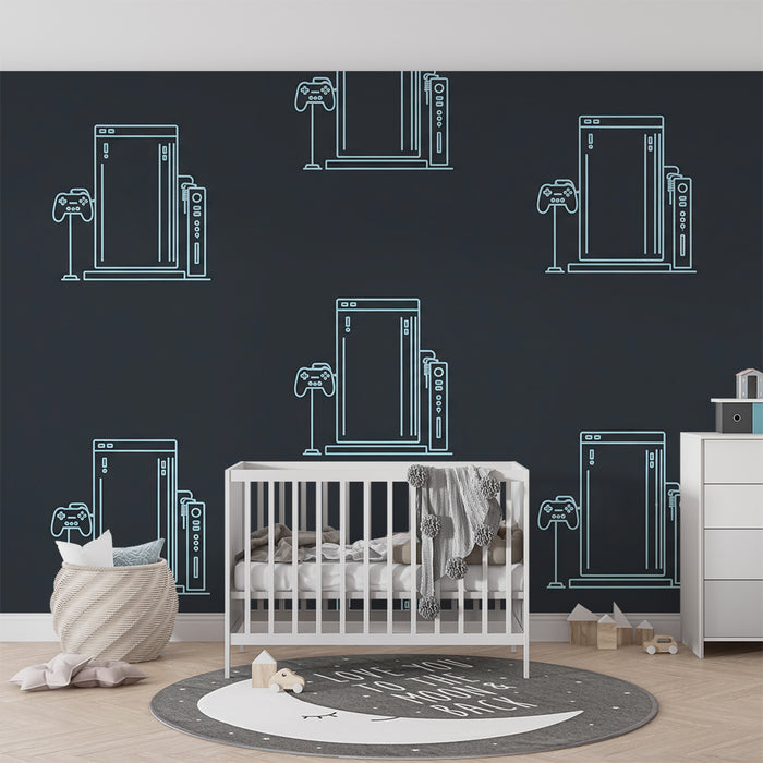 Kids' Room Wallpaper | Game Consoles and Controllers on a Dark Background