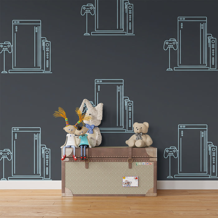 Kids' Room Wallpaper | Game Consoles and Controllers on a Dark Background