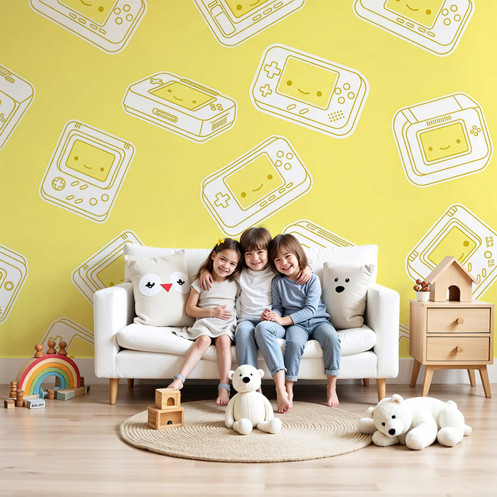 Papel pintado infantil | Consolas retro con fondo amarillo alegre