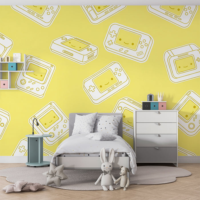Papel pintado infantil | Consolas retro con fondo amarillo alegre