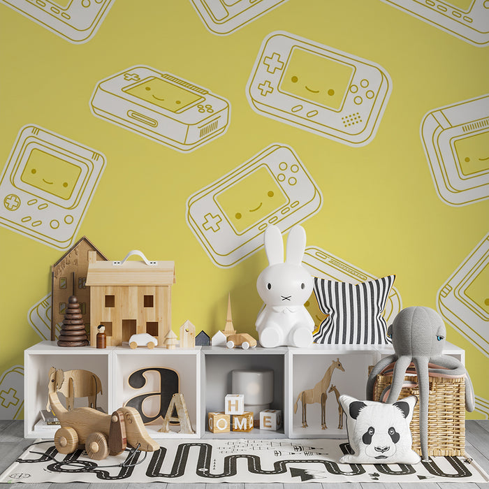 Papel pintado infantil | Consolas retro con fondo amarillo alegre