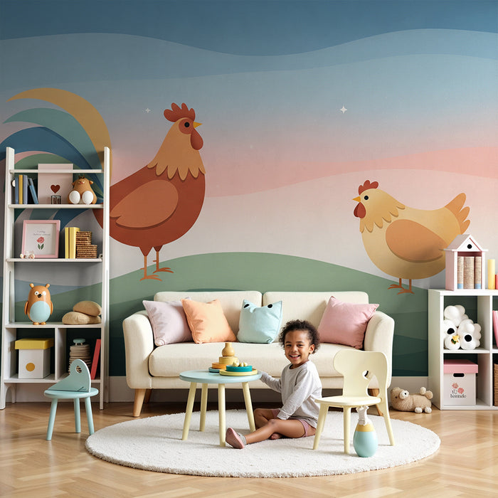 Kids room wallpaper | Kukk ja kana pehmel ja värvikas maastikul