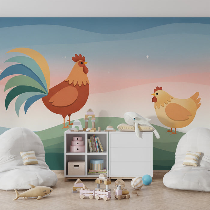 Kids room wallpaper | Kukk ja kana pehmel ja värvikas maastikul
