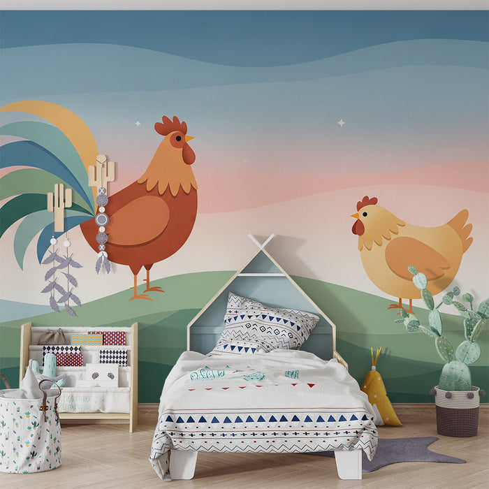 Kids room wallpaper | Kukk ja kana pehmel ja värvikas maastikul