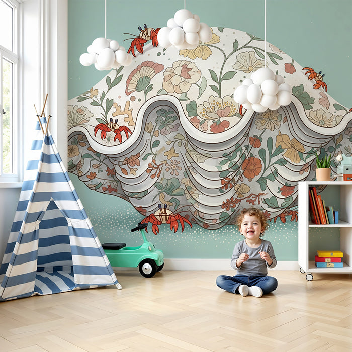 Behang kinderkamer | Bloeiende schelpen met kleurrijke krabben