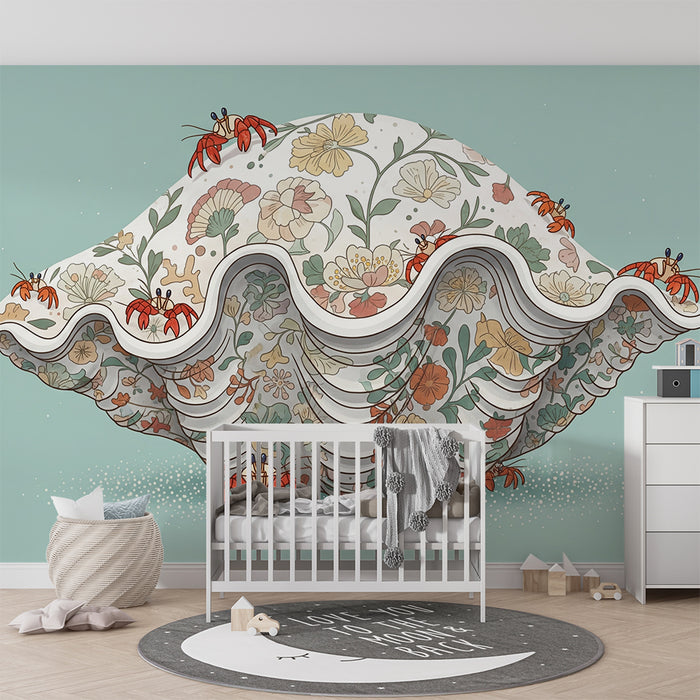 Behang kinderkamer | Bloeiende schelpen met kleurrijke krabben
