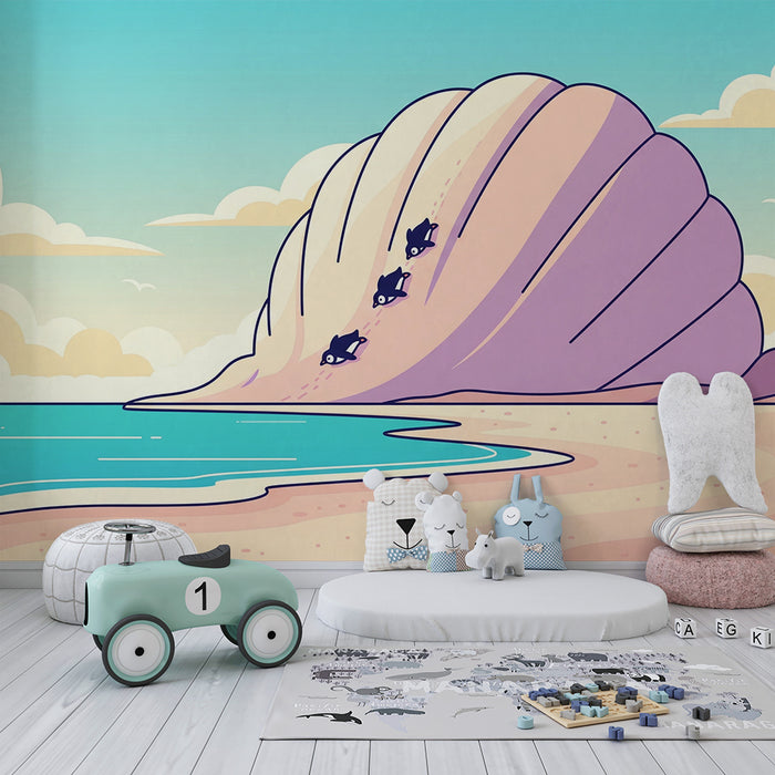 Papel de parede para quarto de criança | Concha gigante e pinguins na praia ensolarada