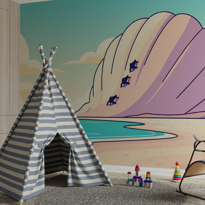Papel de parede para quarto de criança | Concha gigante e pinguins na praia ensolarada