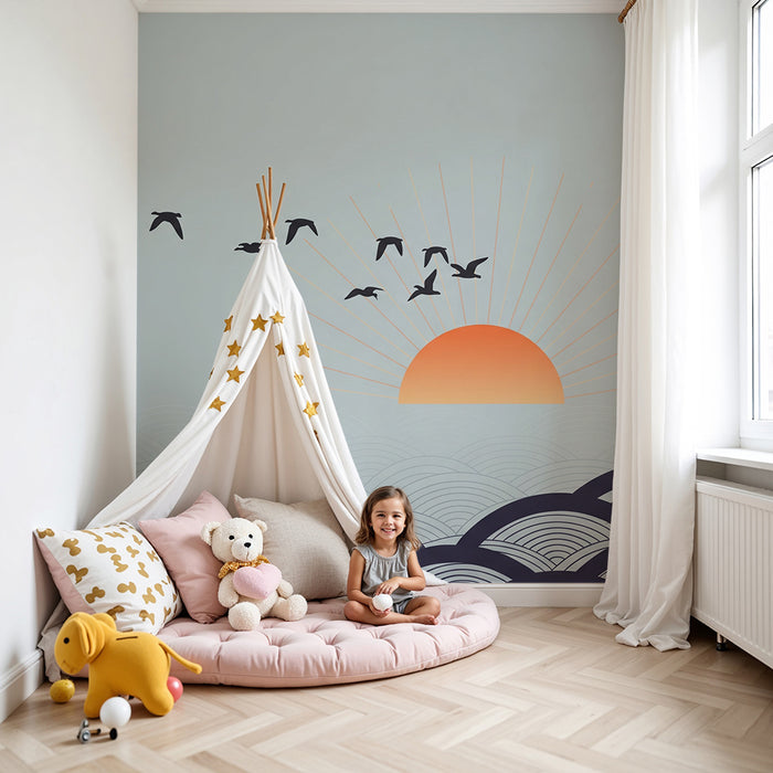 Papier peint chambre enfant | Coucher de soleil apaisant avec oiseaux en vol