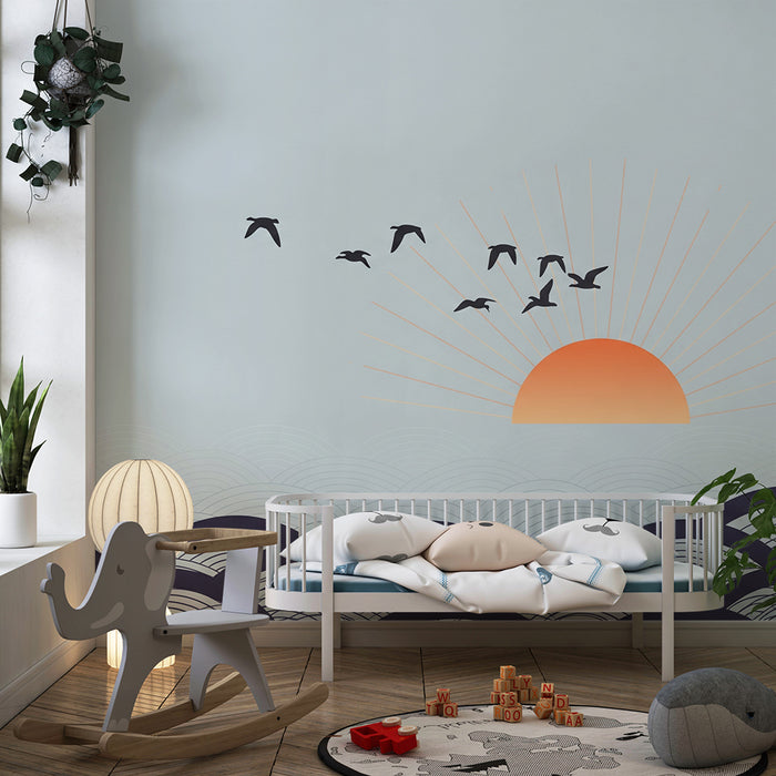 Papier peint chambre enfant | Coucher de soleil apaisant avec oiseaux en vol