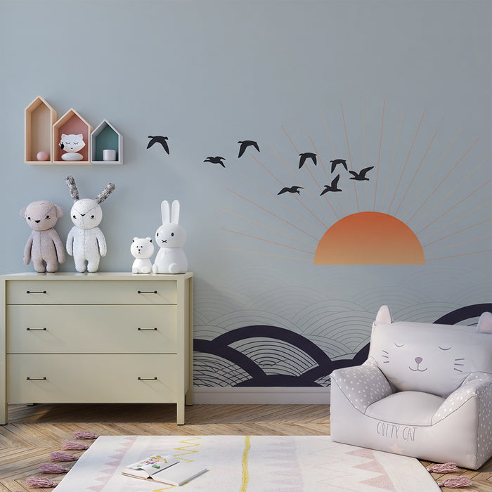 Papier peint chambre enfant | Coucher de soleil apaisant avec oiseaux en vol
