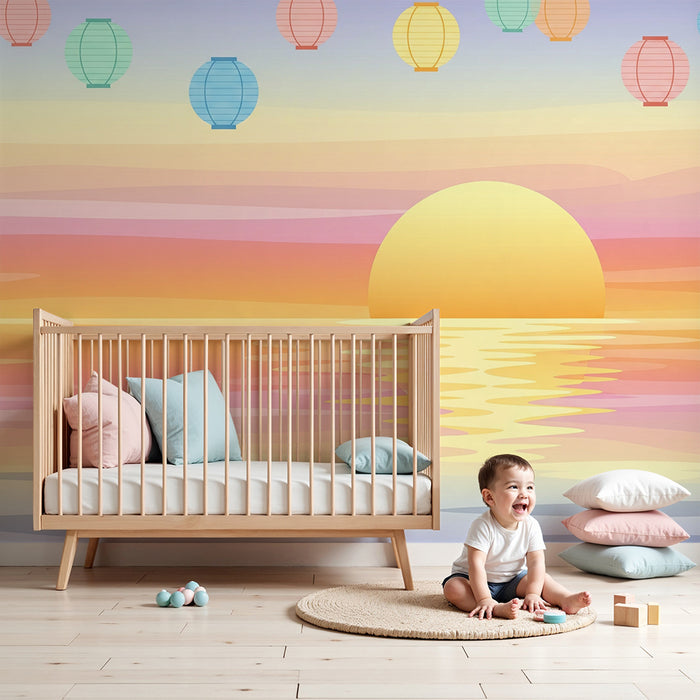 Kids room wallpaper | Colorful sunset with floating lanterns