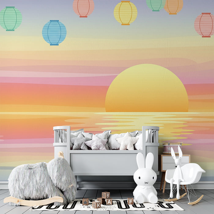 Kids room wallpaper | Colorful sunset with floating lanterns